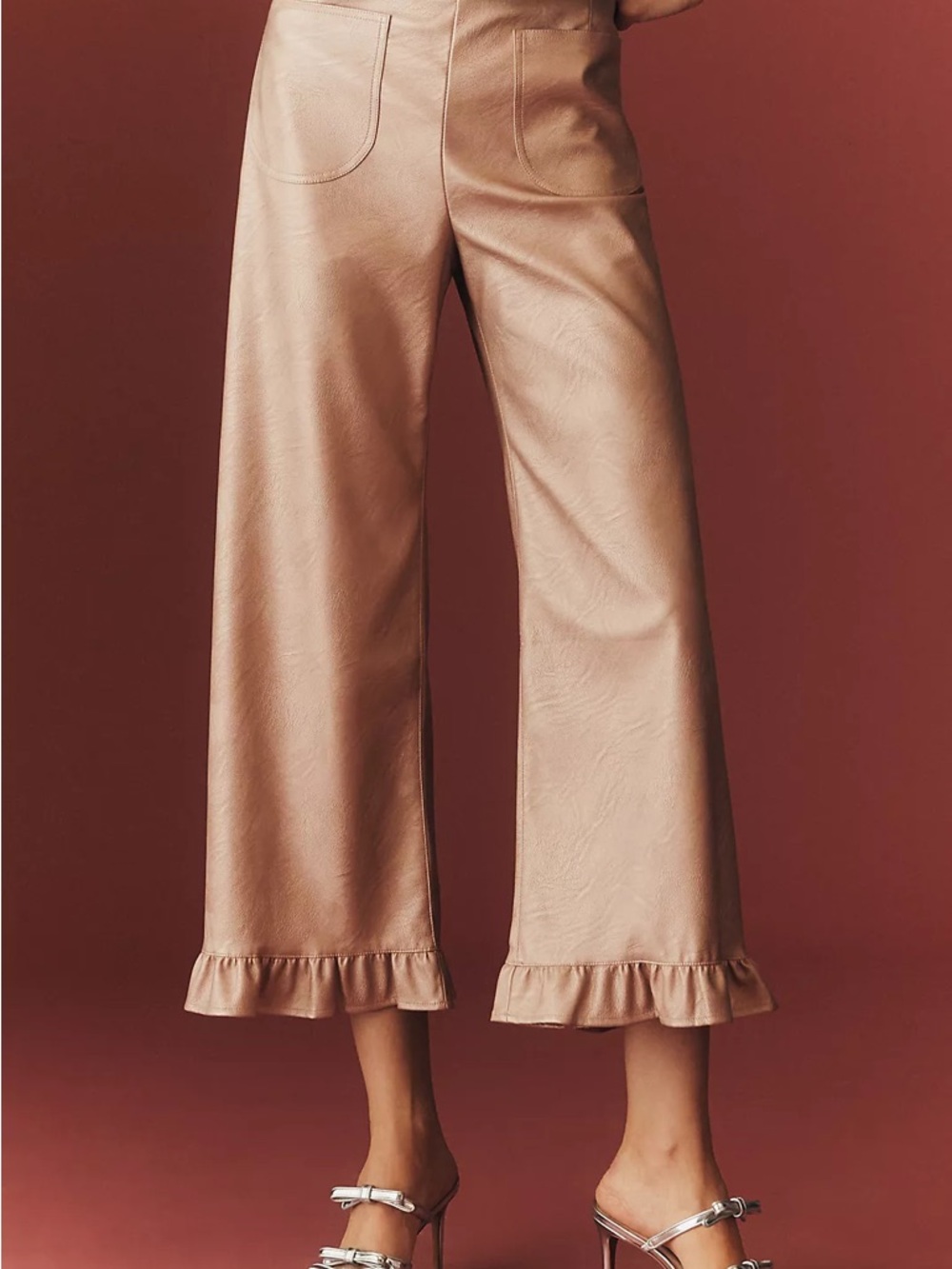 Anthropologie Maeve the Colette Blush Wide-Leg Faux Leather Pants Ruffle Hem